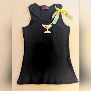 Vintage Pinky Black Ribbed Embroidered Martini Glass Racerback Tank Top With Bow